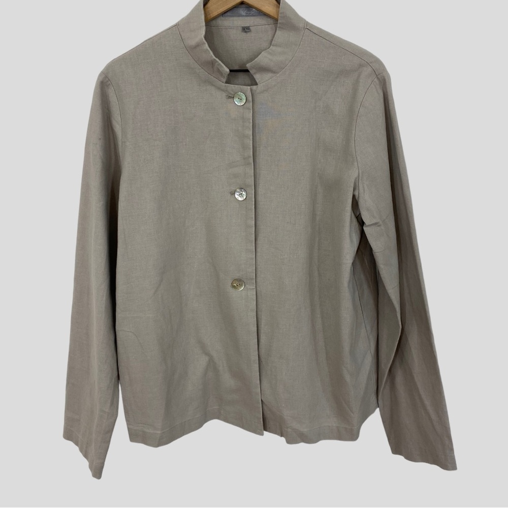 Claridge & King Light Taupe Cotton Linen Blend Button Front Shirt Large